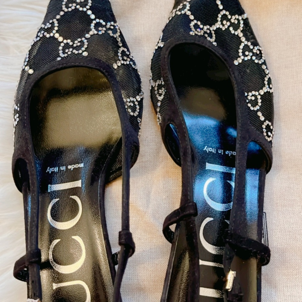 Black Gg mesh Gucci sling back kitten heels
